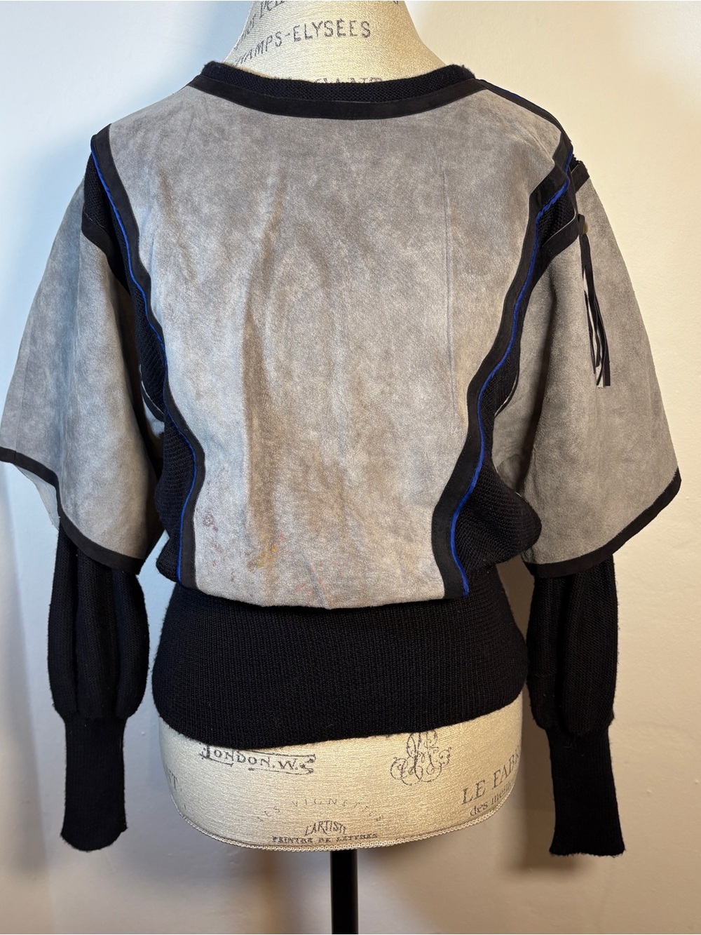 Vintage 80’s Pom Pom Black & Gray Layered Knit-Suede sweater top